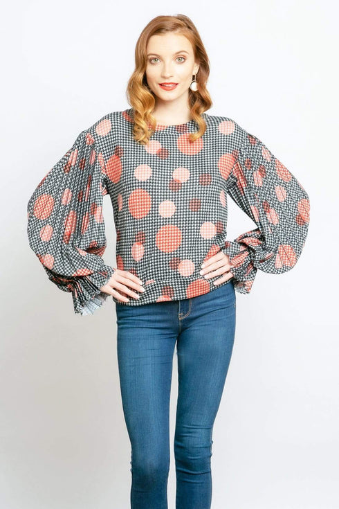 Hart Pleated Sleeve  Top - Congo Dot